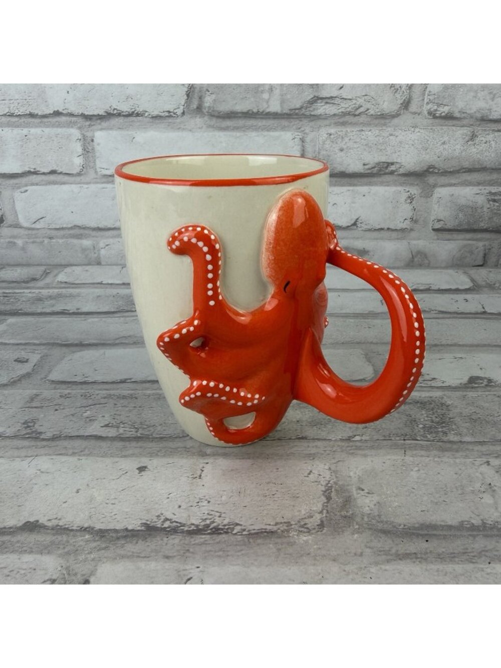 World Market 3D Octopus Handle Ceramic Coffee Mug Coastal Nautical Orange